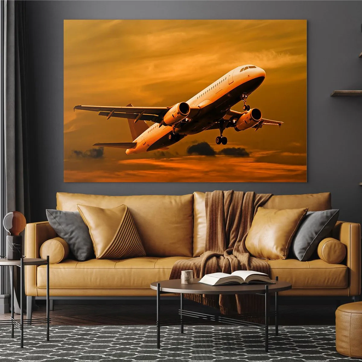 Impression sur verre - Image sur verre - Un avion décollant dans un ciel orange - 70x50cm - Vol vers le soleil - Décoration murale moderne pour le salon et la chambre ARTTOR