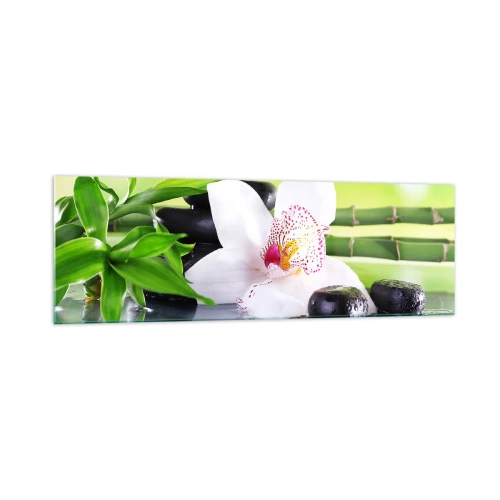 Impression sur verre - Image sur verre - Orchidée, pierres et bambou dans une composition spa harmonieuse - 160x50cm - Raffraîchissement de fraîcheur - Décoration murale moderne pour le salon et la chambre ARTTOR