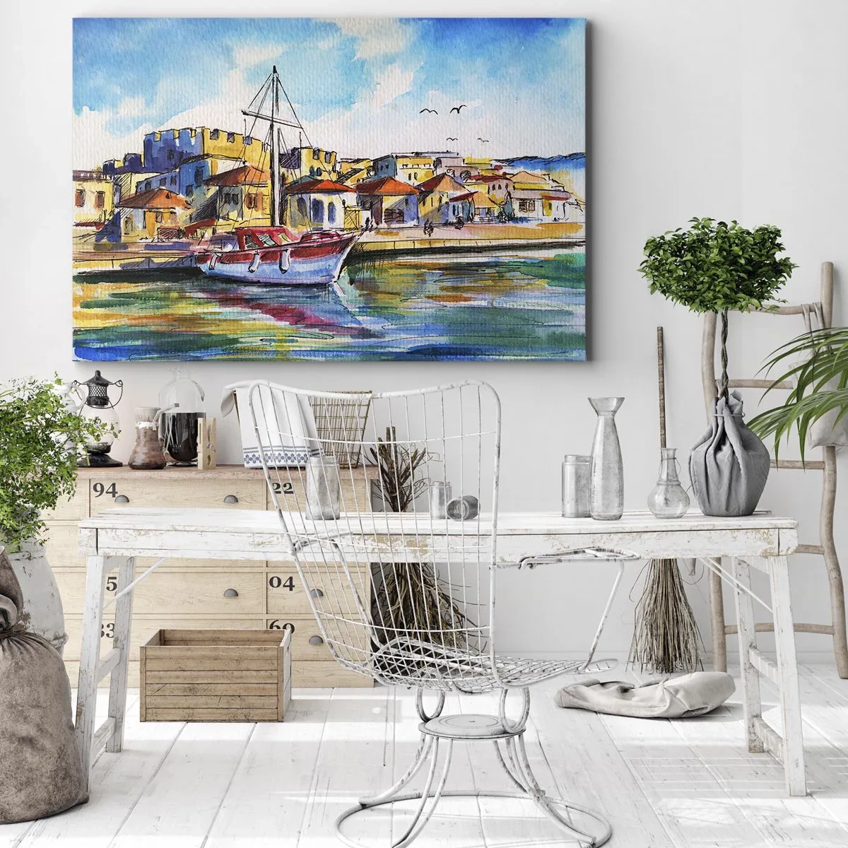 Impression sur toile - Image sur toile - Un port pittoresque avec un bateau et des bâtiments colorés - 70x50cm - Après-midi arc-en-ciel - Décoration murale moderne pour le salon et la chambre ARTTOR