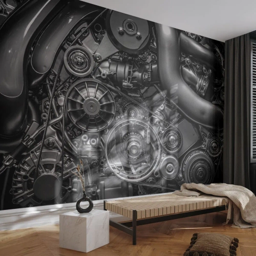 Papier Peint Photo Premium Canvas - Gros plan noir et blanc des détails mécaniques d'un moteur de voiture. - 100x70cm - Poésie mécanique - Décoration murale moderne pour le salon et la chambre ARTTOR