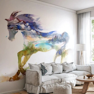 Papier Peint Photo Premium Canvas - Aquarelle d'un cheval avec un paysage de montagne en silhouette - 100x70cm - De la prairie directement au ciel - Décoration murale moderne pour le salon et la chambre ARTTOR