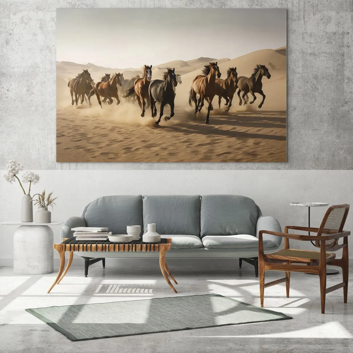 Impression sur verre - Image sur verre - Un troupeau de chevaux au galop dans le désert parmi les dunes de sable - 120x80cm - Libre comme le vent - Décoration murale moderne pour le salon et la chambre ARTTOR