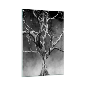 Impression sur verre - Image sur verre - Un arbre sec en noir et blanc contre le brouillard - 80x120cm - Primordial et sacré - Décoration murale moderne pour le salon et la chambre ARTTOR