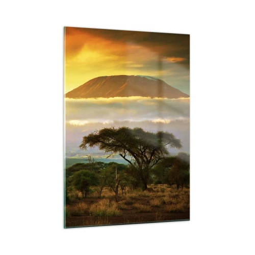 Impression sur verre - Image sur verre - Le mont Kilimandjaro entouré de nuages sur fond de savane africaine - 50x70cm - Un rêve de voyageur - Décoration murale moderne pour le salon et la chambre ARTTOR