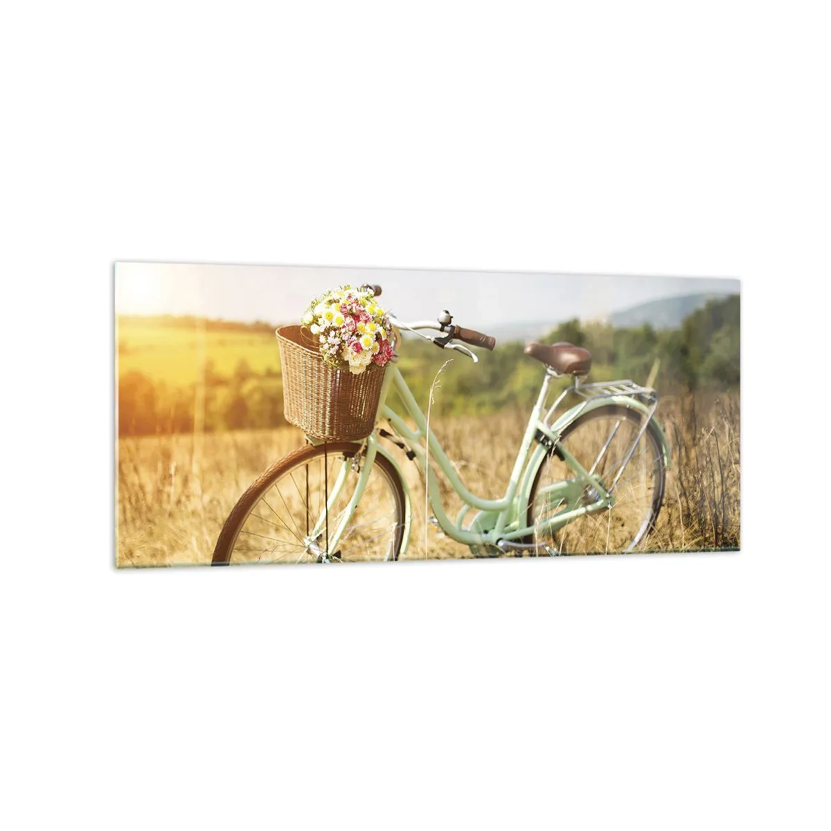 Impression sur verre - Image sur verre - Un vélo rétro avec un panier rempli de fleurs sur fond de prairie. - 120x50cm - Je vais rester un petit moment - Décoration murale moderne pour le salon et la chambre ARTTOR