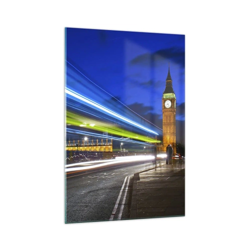Impression sur verre - Image sur verre - Big Ben la nuit avec l'effet des lumières dans la circulation routière - 70x100cm - Sous l'œil de Big Ben - Décoration murale moderne pour le salon et la chambre ARTTOR