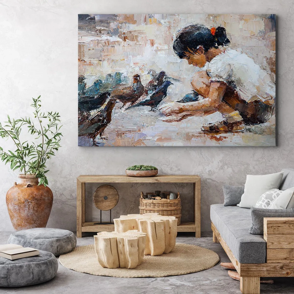 Impression sur toile - Image sur toile - Une fille nourrissant des oiseaux dans un style pictural - 100x70cm - Les plus petits et les plus gentils - Décoration murale moderne pour le salon et la chambre ARTTOR