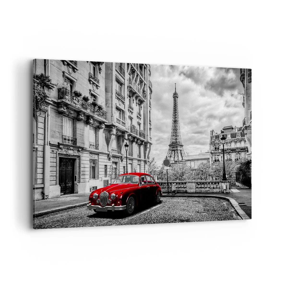 Impression sur toile - Image sur toile - Une voiture rouge avec la Tour Eiffel en arrière-plan dans un décor noir et blanc - 120x80cm - Prédateur dans la ville - Décoration murale moderne pour le salon et la chambre ARTTOR