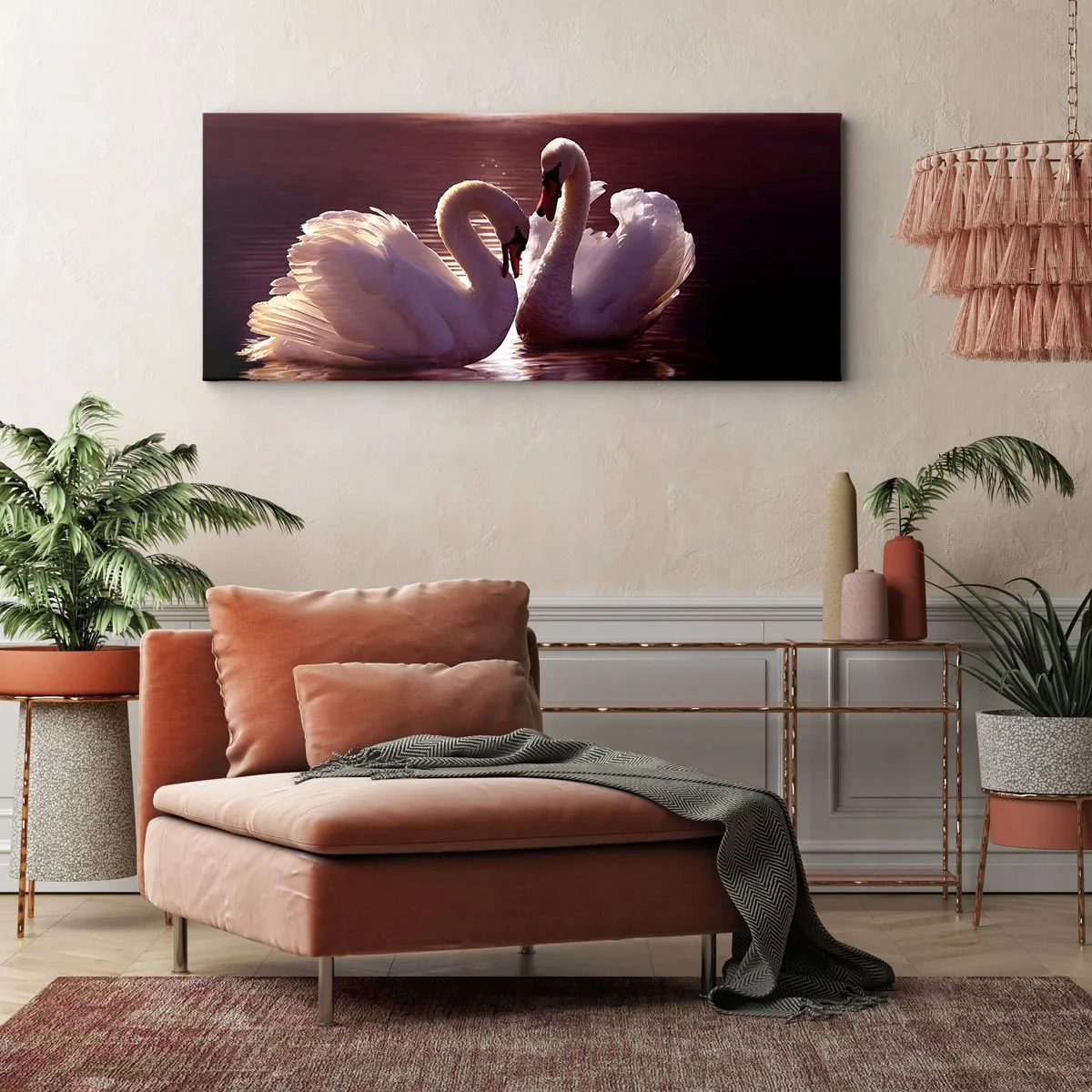 Impression sur toile - Image sur toile - Deux cygnes sur un lac calme au coucher du soleil - 140x50cm - Jusqu'à ce que la mort nous sépare - Décoration murale moderne pour le salon et la chambre ARTTOR