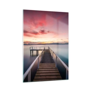 Impression sur verre - Image sur verre - Jetée au bord du lac au coucher du soleil avec un ciel rose - 50x70cm - La douce flamme du soir - Décoration murale moderne pour le salon et la chambre ARTTOR