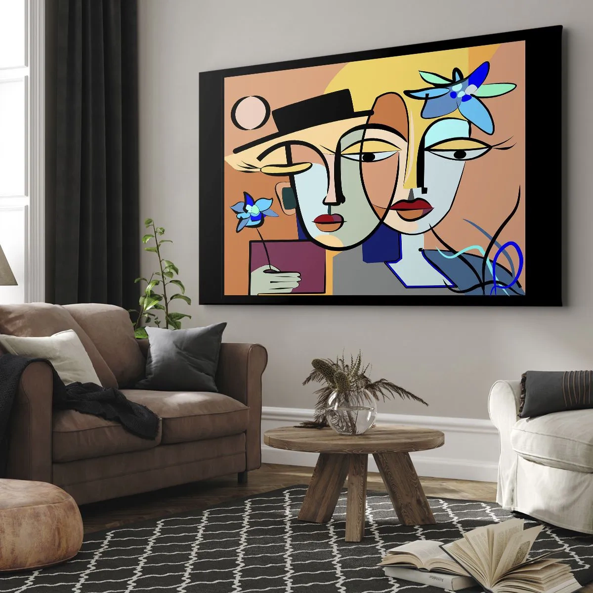 Impression sur toile - Image sur toile - Portraits cubistes aux couleurs vives avec un motif floral - 120x80cm - Le Rendez-vous de Picasso - Décoration murale moderne pour le salon et la chambre ARTTOR