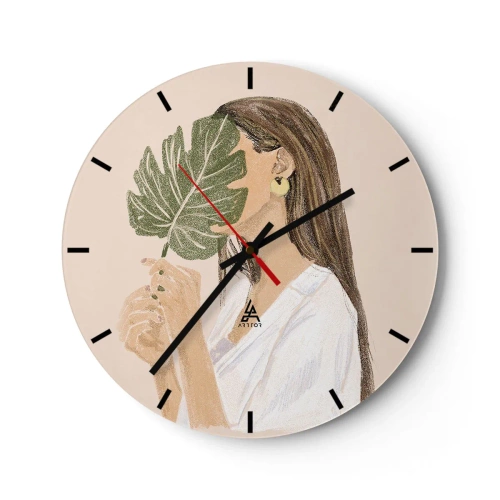 Horloge murale - Pendule murale - Une silhouette féminine masquée par une feuille de monstera sur un fond clair. - 30x30cm - Portrait mystérieux avec un éventail - Décoration murale moderne pour le salon, la cuisine et la chambre ARTTOR
