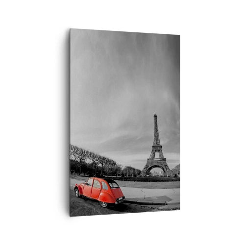 Impression sur toile - Image sur toile - Une voiture rouge avec la Tour Eiffel en arrière-plan dans un paysage en noir et blanc - 80x120cm - Plus parisien que Paris lui-même - Décoration murale moderne pour le salon et la chambre ARTTOR