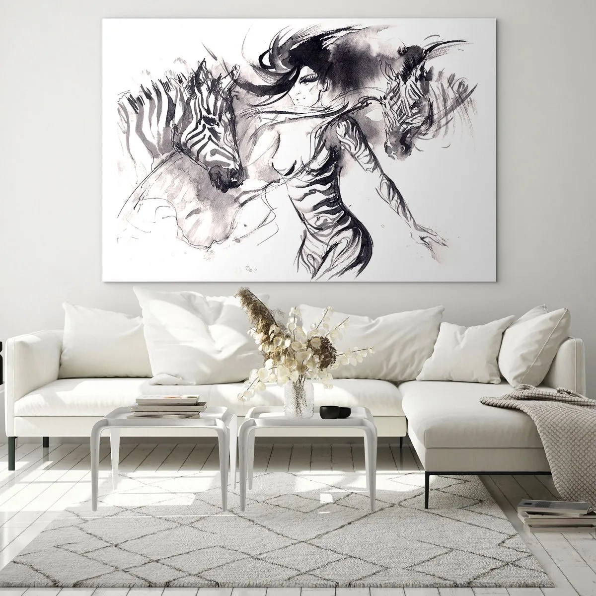 Impression sur verre - Image sur verre - Composition en noir et blanc avec une femme et un zèbre dans un style artistique - 100x70cm - Danse avec les zèbres - Décoration murale moderne pour le salon et la chambre ARTTOR