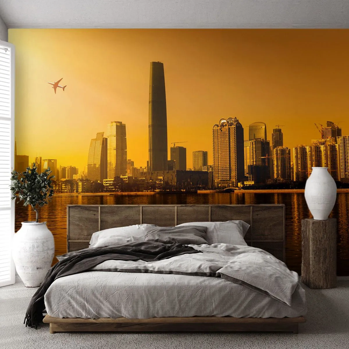 Papier Peint Photo Premium Sand - Panorama de la ville avec des gratte-ciels au coucher du soleil et un avion - 100x70cm - La ville en or - Décoration murale moderne pour le salon et la chambre ARTTOR