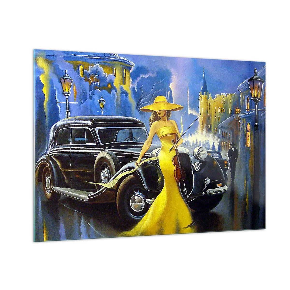 Impression sur verre - Image sur verre - Une femme en robe jaune à côté d'une voiture ancienne - 100x70cm - Nocturne pour violon et amour - Décoration murale moderne pour le salon et la chambre ARTTOR