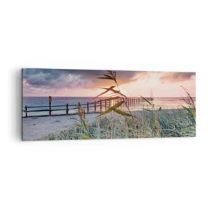 Impression sur toile - Image sur toile - Plage au coucher du soleil avec des herbes au premier plan - 140x50cm - Ça ne passe pas avec le vent - Décoration murale moderne pour le salon et la chambre ARTTOR