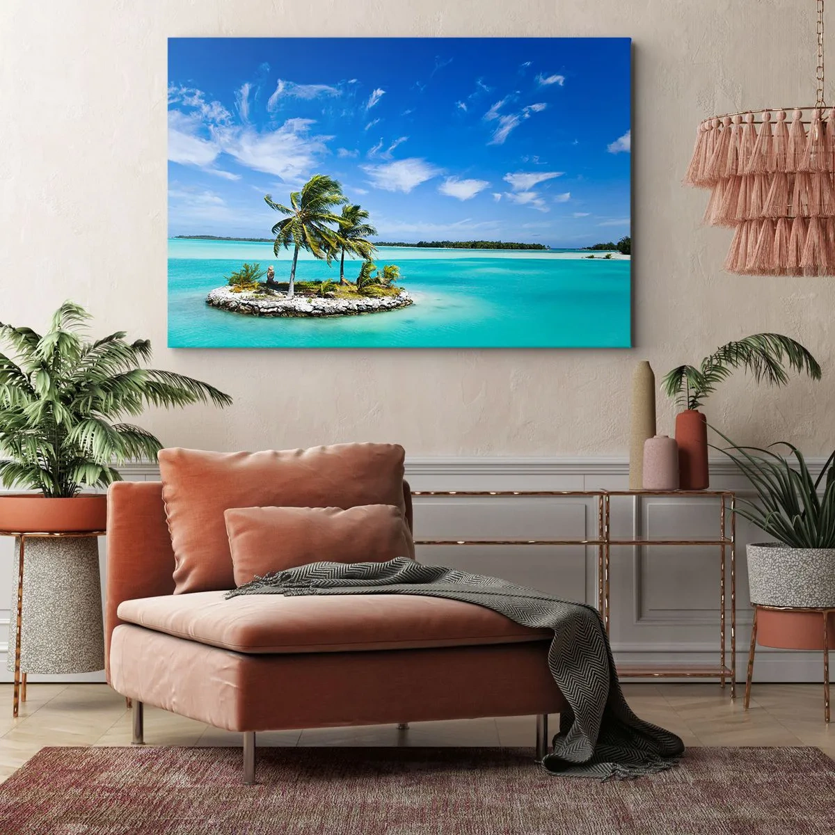 Impression sur toile - Image sur toile - Une île exotique avec des palmiers sur des eaux turquoises - 70x50cm - Paradis sur Terre - Décoration murale moderne pour le salon et la chambre ARTTOR