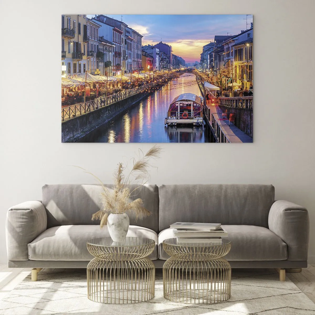 Impression sur verre - Image sur verre - Vue nocturne du canal illuminé avec bateaux et cafés - 120x80cm - Soirée de lumière et de jeu - Décoration murale moderne pour le salon et la chambre ARTTOR
