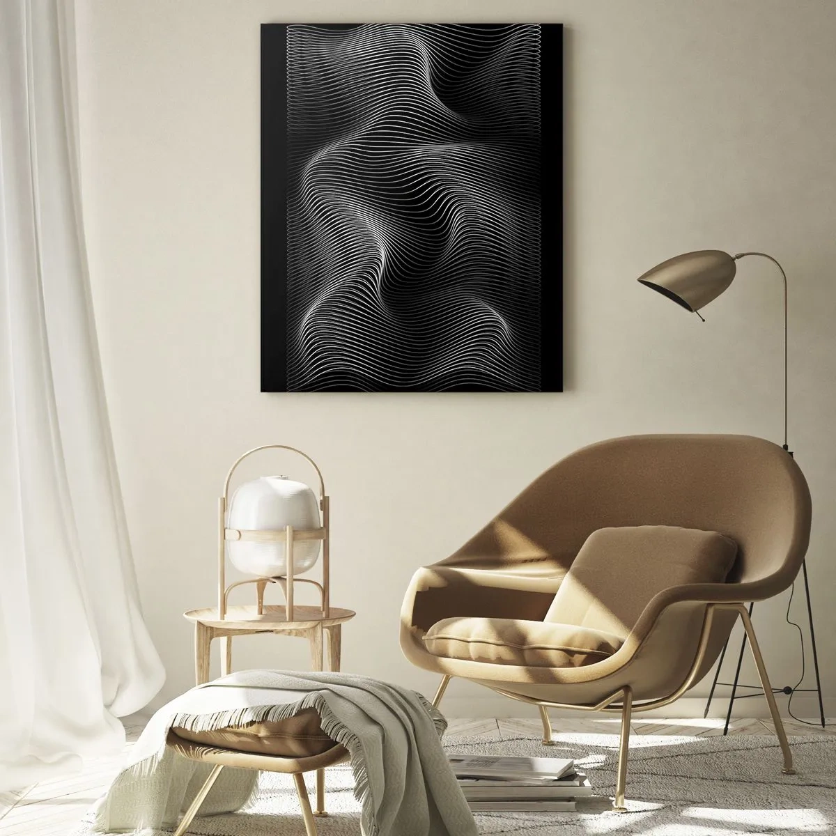 Impression sur verre - Image sur verre - Des lignes blanches hypnotisantes ondulant sur un fond noir - 50x70cm - Danse de lumière dans l'espace - Décoration murale moderne pour le salon et la chambre ARTTOR