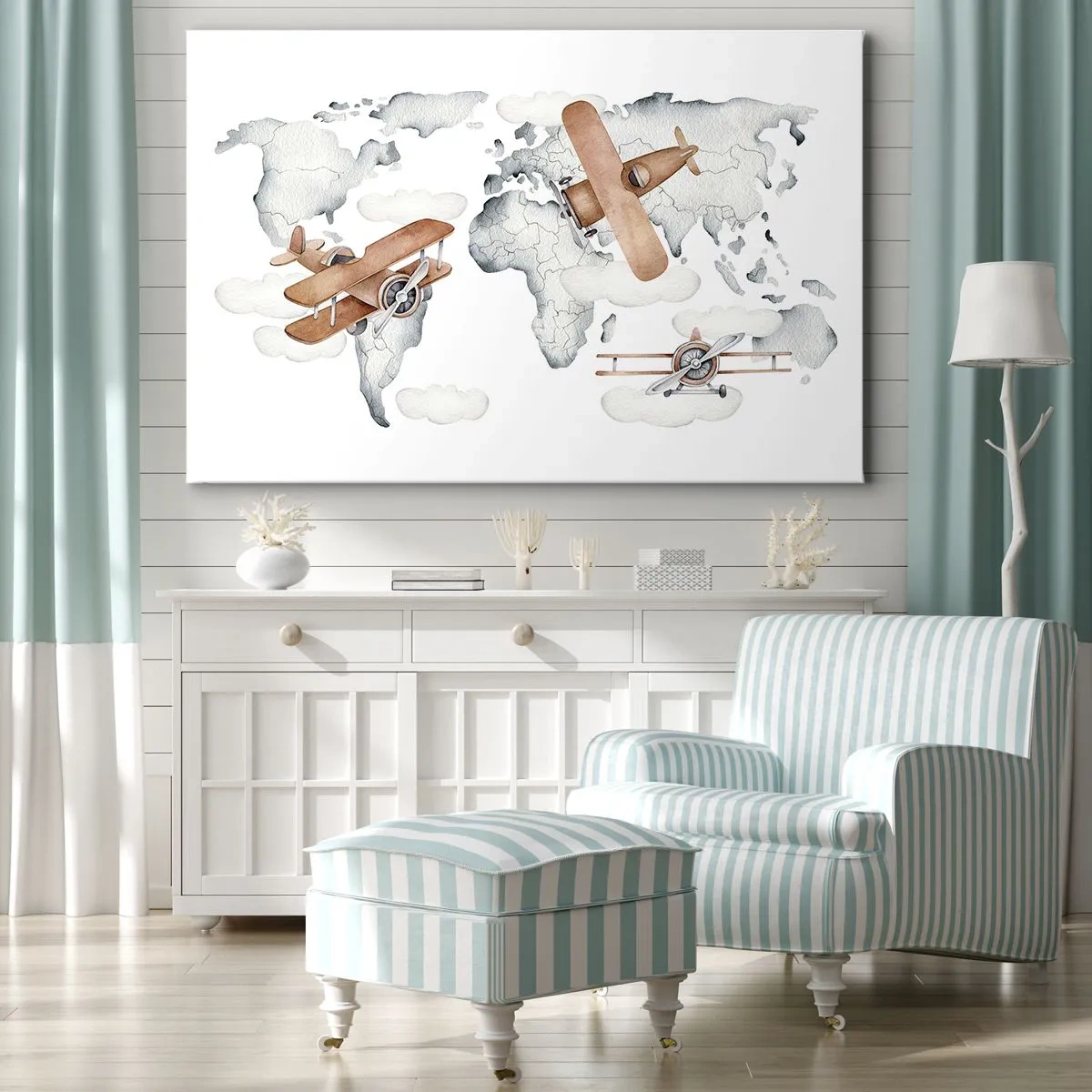 Impression sur toile - Image sur toile - Illustration d'une carte du monde avec des avions - 100x70cm - Dans un esprit pionnier - Décoration murale moderne pour le salon et la chambre ARTTOR