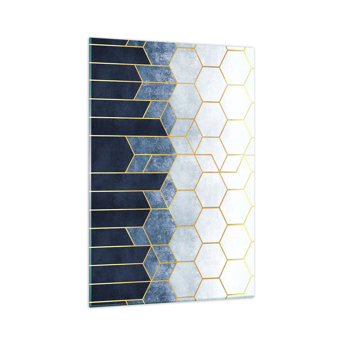 Impression sur verre - Image sur verre - Motif géométrique dans les tons or et bleu marine - 70x100cm - Composition en rythme syncopé - Décoration murale moderne pour le salon et la chambre ARTTOR
