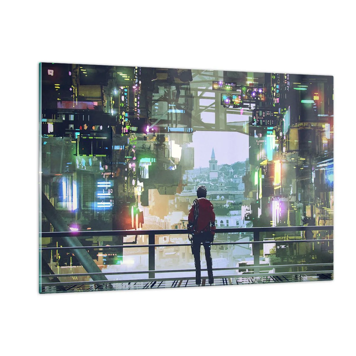 Impression sur verre - Image sur verre - Une figure sur fond de ville futuriste avec vue sur la vieille ville - 120x80cm - Deux mondes - Décoration murale moderne pour le salon et la chambre ARTTOR