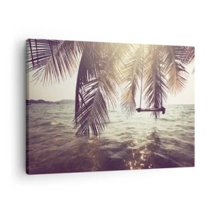 Impression sur toile - Image sur toile - Palmier avec une balançoire au-dessus de l'eau au soleil - 70x50cm - Vous pouvez vous balancer dans les nuages 