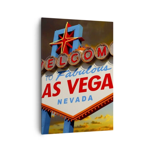 Impression sur toile - Image sur toile - Le célèbre panneau Welcome to Fabulous Las Vegas au coucher du soleil - 70x100cm - Après un sourire du destin - Décoration murale moderne pour le salon et la chambre ARTTOR