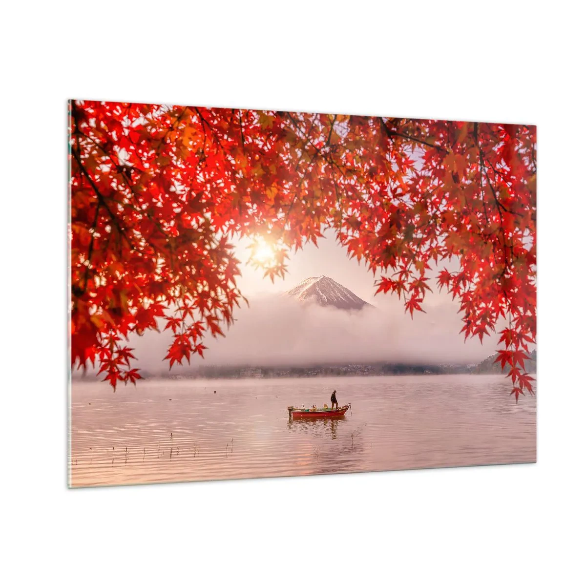 Impression sur verre - Image sur verre - Mont Fuji avec un bateau sur un lac entouré de feuilles rouges - 100x70cm - Dans le climat japonais - Décoration murale moderne pour le salon et la chambre ARTTOR