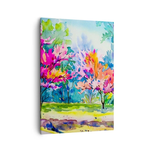 Impression sur toile - Image sur toile - Arbres colorés dans un parc dans un style aquarelle - 50x70cm - Jardin arc-en-ciel à la lumière du printemps - Décoration murale moderne pour le salon et la chambre ARTTOR