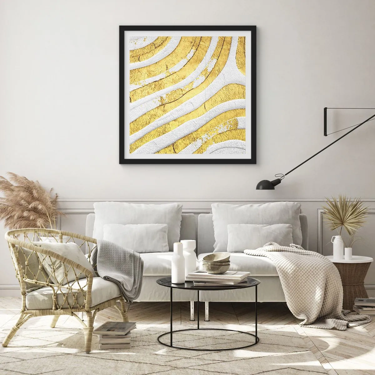 Affiche dans un cadre noir - Poster - Composition en blanc et or - 40x40 cm