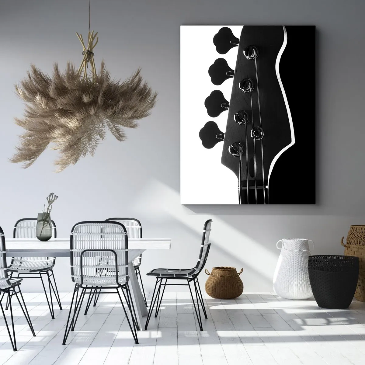 Impression sur toile - Image sur toile - Silhouette noire et blanche d'une tête de guitare basse - 50x70cm - Silence de roche - Décoration murale moderne pour le salon et la chambre ARTTOR