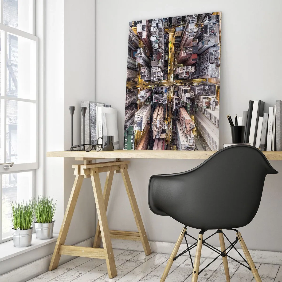 Impression sur verre - Image sur verre - Une vue plongeante sur une ville pleine de gratte-ciels - 70x100cm - Salutations de Hong-Kong - Décoration murale moderne pour le salon et la chambre ARTTOR