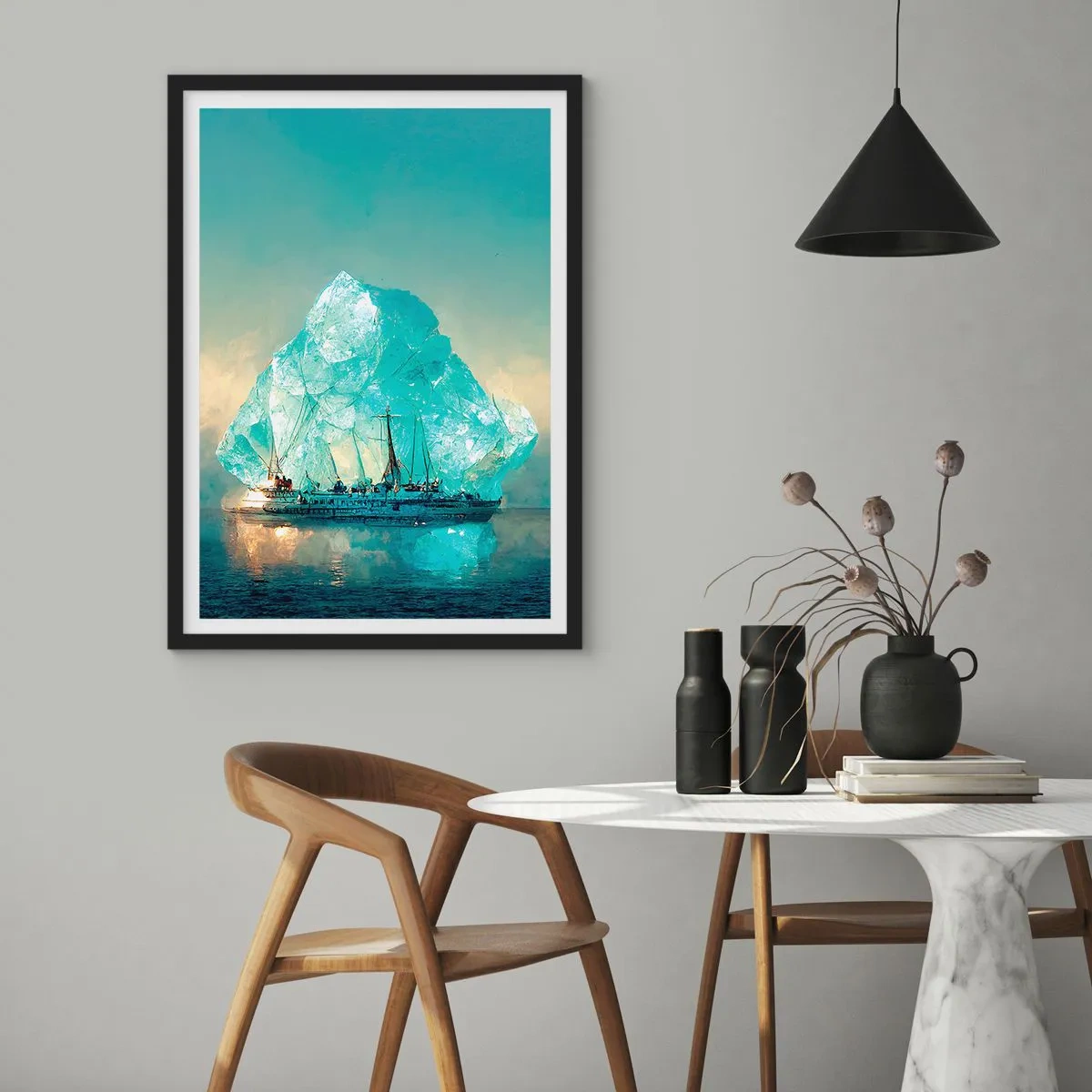 Affiche dans un cadre noir - Poster - Un navire près d'un iceberg géant - 50x70cm - Diamant arctique - Décoration murale moderne pour le salon et la chambre ARTTOR
