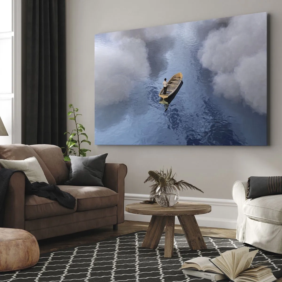 Impression sur toile - Image sur toile - Un homme dans un bateau sur une mer calme entourée de nuages - 100x70cm - Vie – voyage – inconnu - Décoration murale moderne pour le salon et la chambre ARTTOR
