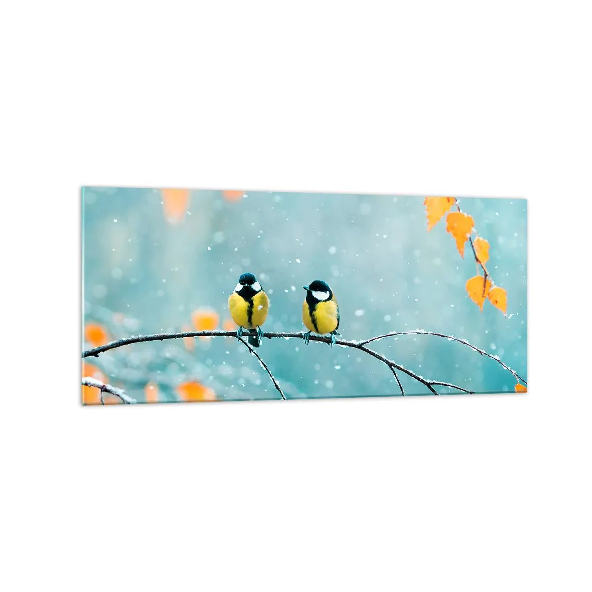 Impression sur verre - Image sur verre - Deux oiseaux sur une branche dans un décor hivernal avec des feuilles jaunes. - 120x50cm - Potins d'oiseaux - Décoration murale moderne pour le salon et la chambre ARTTOR