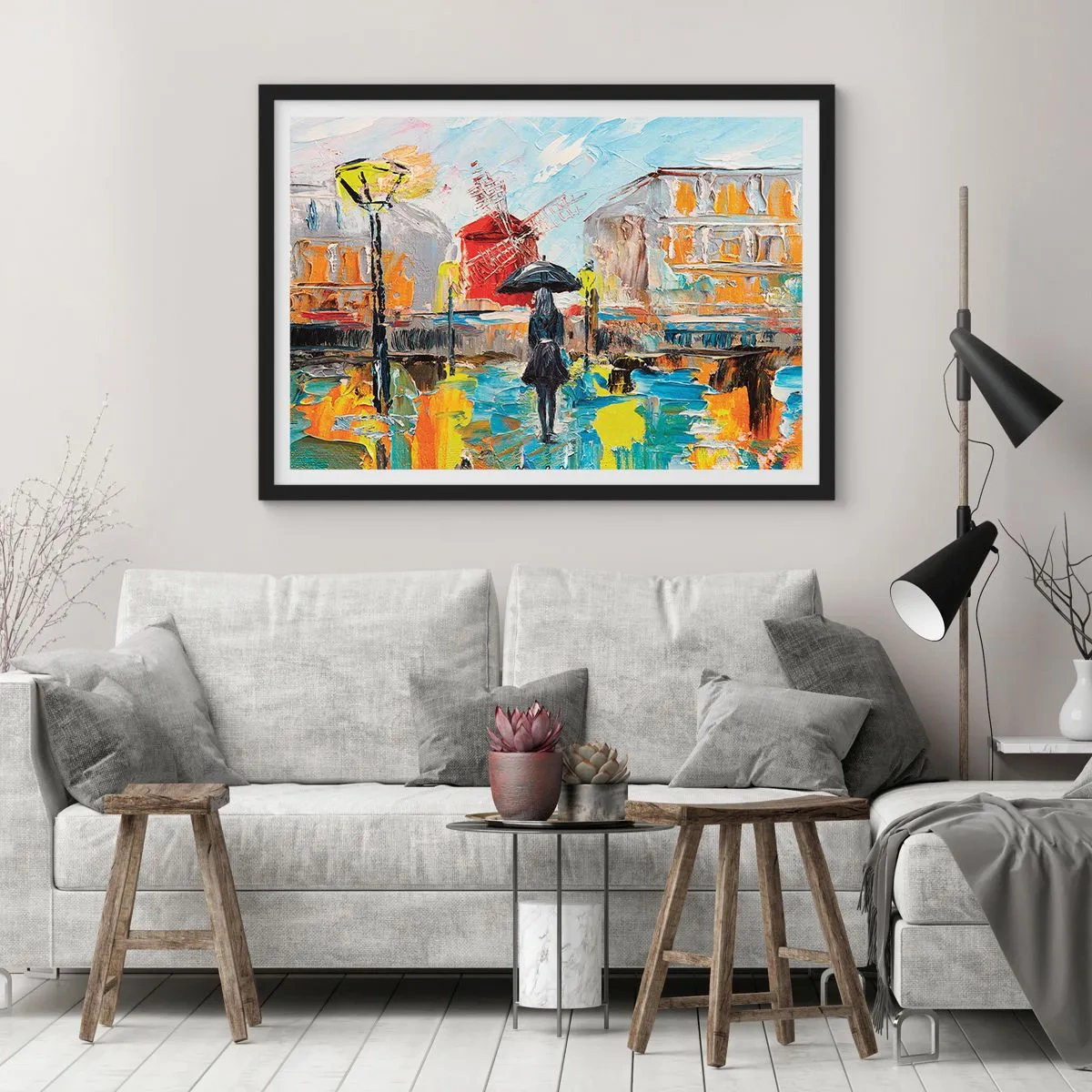 Affiche dans un cadre noir - Poster - Une scène pittoresque avec un parapluie sur fond de Paris aux couleurs vibrantes. - 70x50cm - Légende parisienne - Décoration murale moderne pour le salon et la chambre ARTTOR