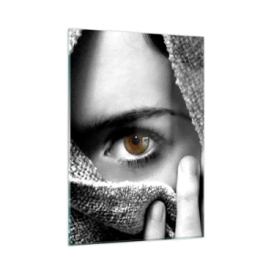 Impression sur verre - Image sur verre - Un œil caché derrière une texture de tissu monochrome - 50x70cm - Apprenez le secret - Décoration murale moderne pour le salon et la chambre ARTTOR
