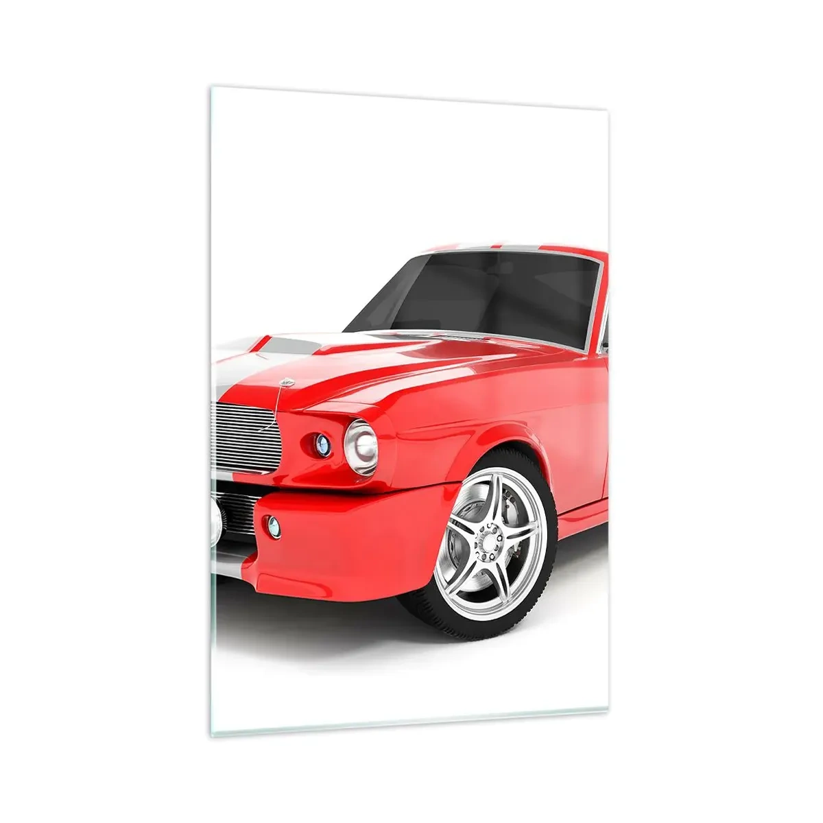 Impression sur verre - Image sur verre - Voiture de sport rouge à rayures blanches - 80x120cm - Une Mustang aussi rapide que le vent - Décoration murale moderne pour le salon et la chambre ARTTOR