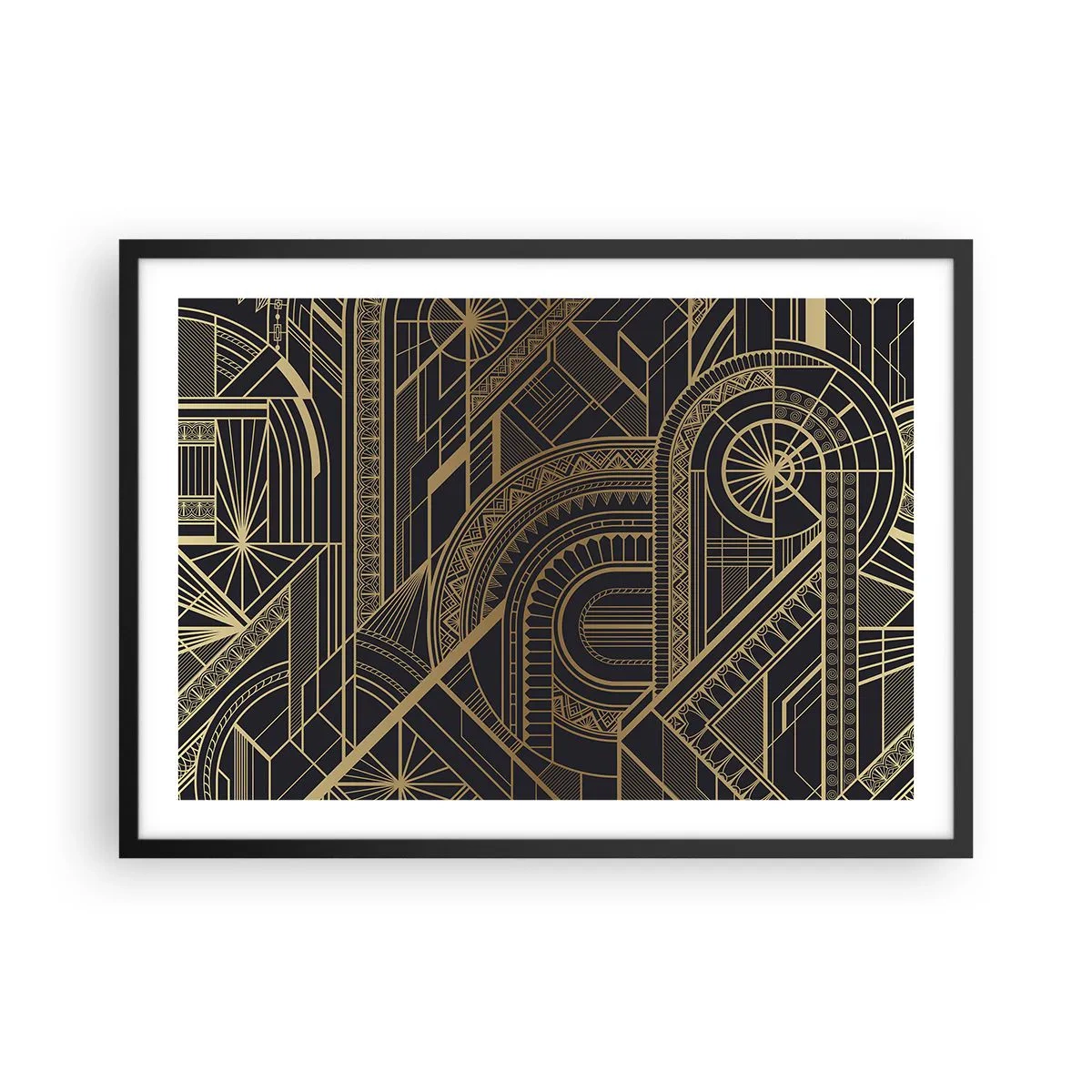 Affiche dans un cadre noir - Poster - Motifs géométriques dorés sur fond noir dans le style Art Déco - 70x50cm - Concept, idée, plan - Décoration murale moderne pour le salon et la chambre ARTTOR