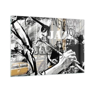Impression sur verre - Image sur verre - Un dessin élégant d'un musicien de jazz jouant de la trompette dans un décor new-yorkais. - 100x70cm - Au rythme de New York - Décoration murale moderne pour le salon et la chambre ARTTOR