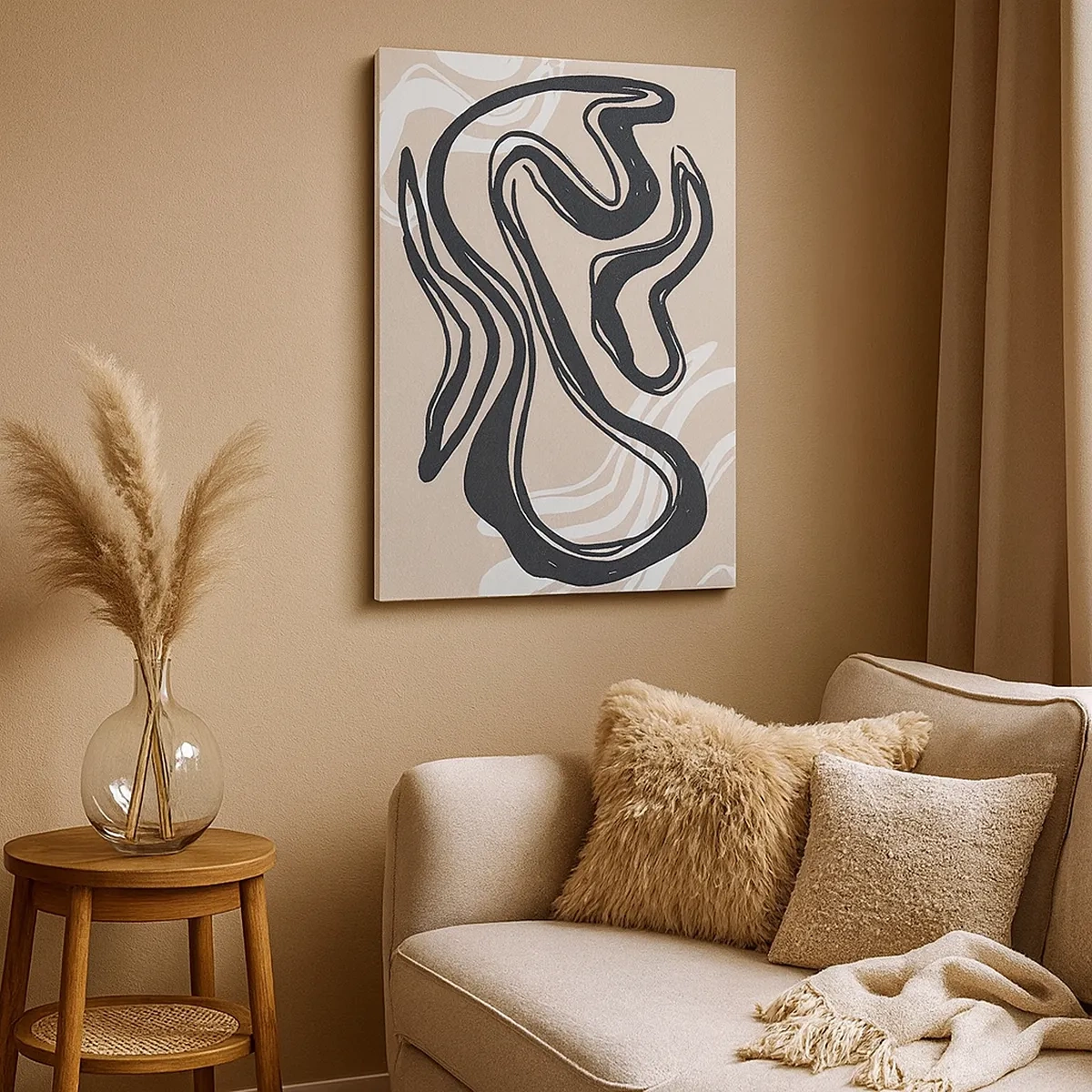 Impression sur toile - Image sur toile - Lignes abstraites dans des tons sombres sur fond beige - 50x70cm - Expression multipliée - Décoration murale moderne pour le salon et la chambre ARTTOR