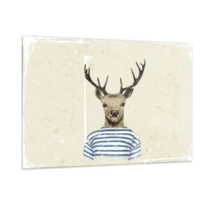 Impression sur verre - Image sur verre - Graphique d'un cerf en chemise de marin sur fond clair - 120x80cm - Parce que j'aime les chemises rayées - Décoration murale moderne pour le salon et la chambre ARTTOR