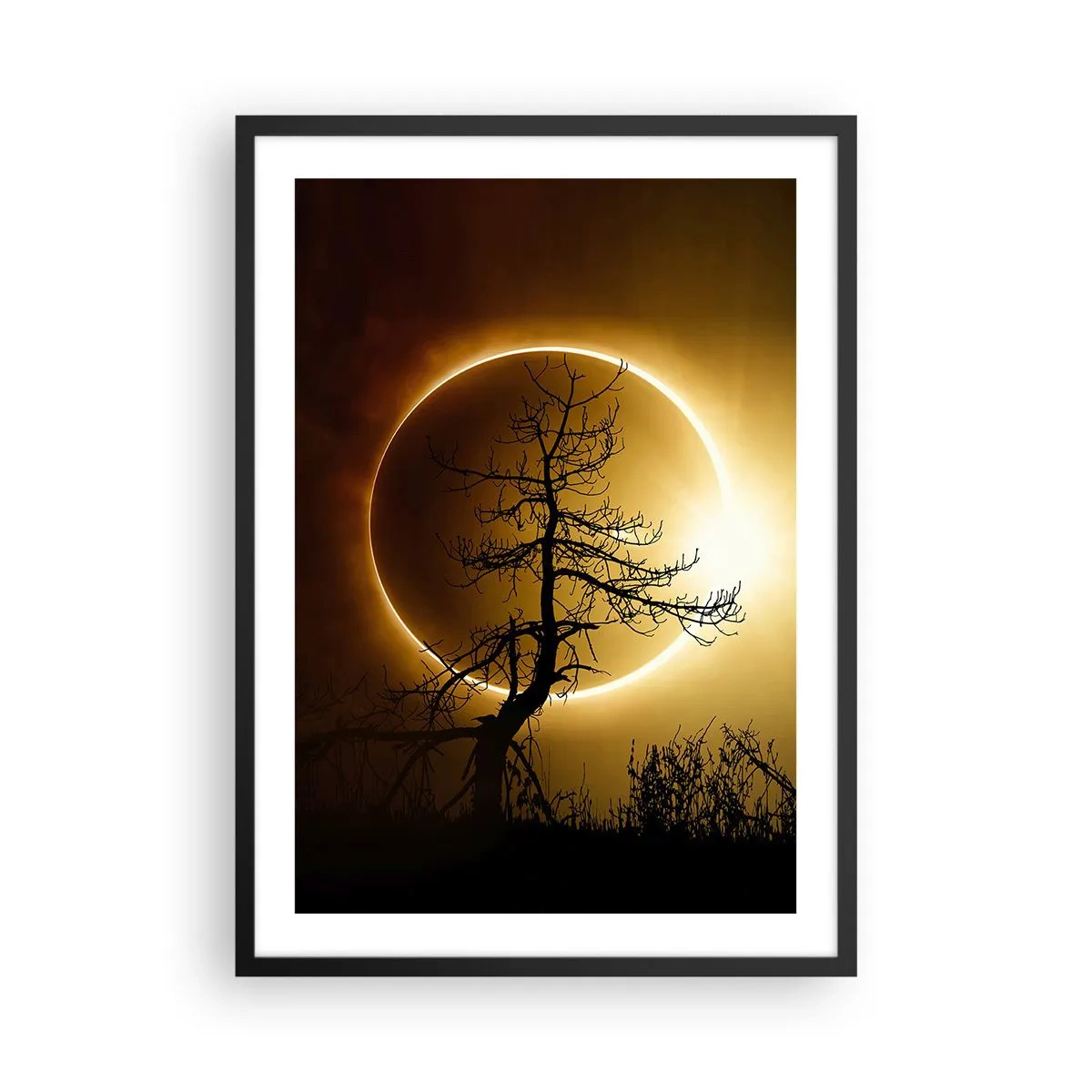Affiche dans un cadre noir - Poster - Un coucher de soleil phénoménal avec un arbre au premier plan - 50x70cm - Éclipse totale - Décoration murale moderne pour le salon et la chambre ARTTOR