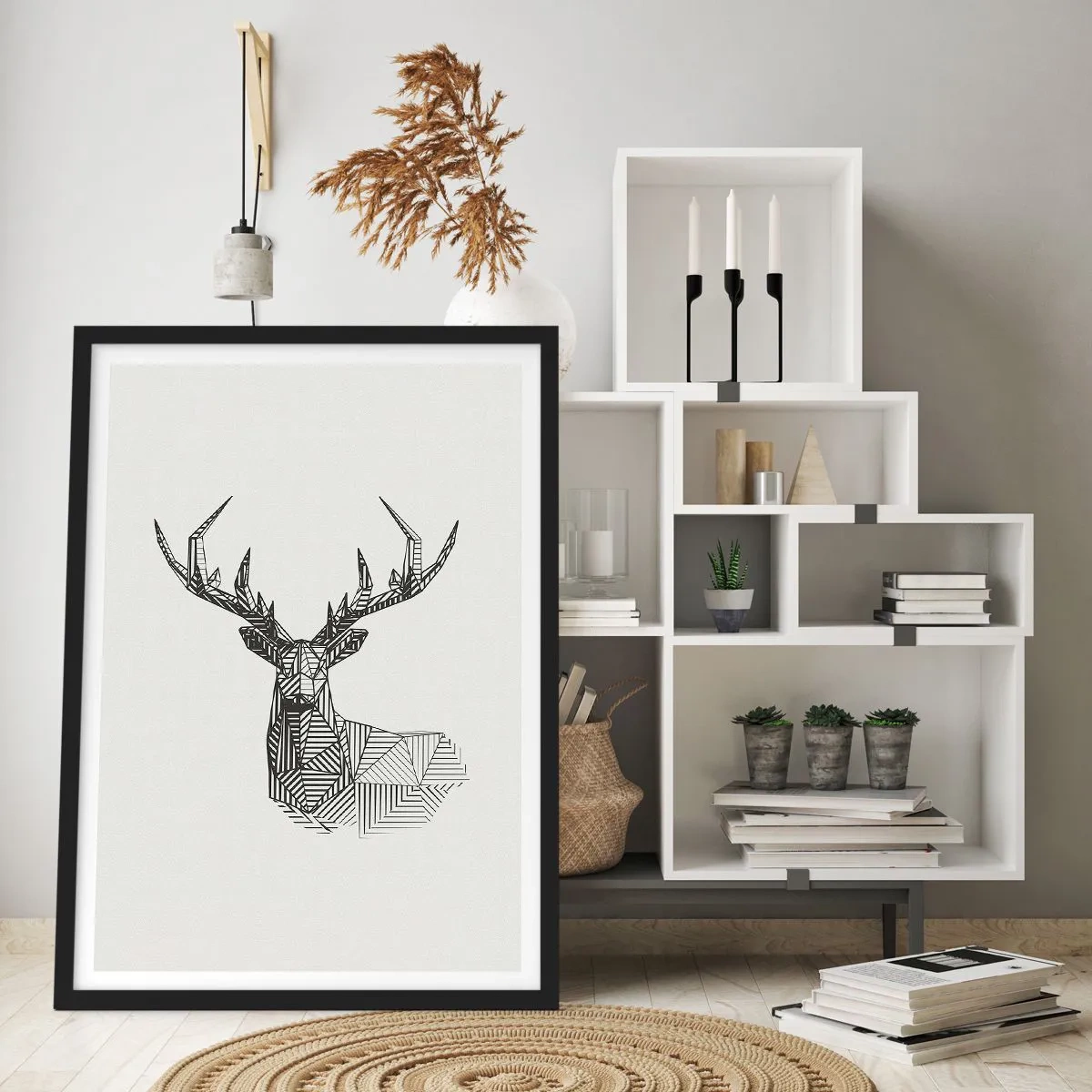 Affiche dans un cadre noir - Poster - Silhouette géométrique d'un cerf en noir et blanc - 50x70cm - Cerf dans un style cubique - Décoration murale moderne pour le salon et la chambre ARTTOR