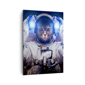 Impression sur toile - Image sur toile - Un chat dans une combinaison d'astronaute avec la Terre en arrière-plan et une lumière vive. - 70x100cm - Houston, vous avez un problème - Décoration murale moderne pour le salon et la chambre ARTTOR