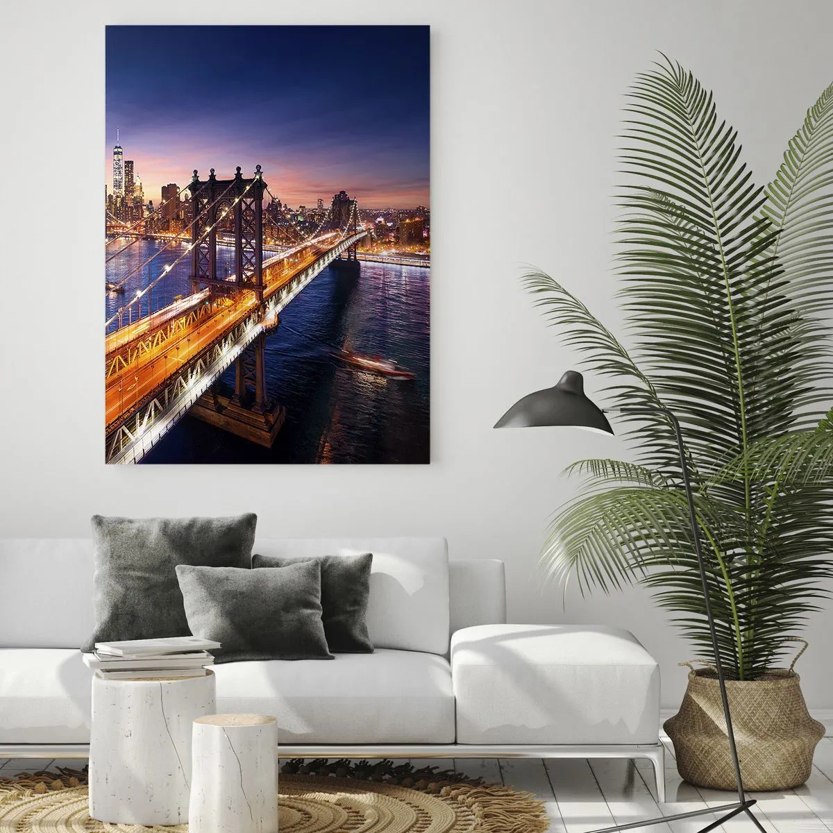 Impression sur verre - Image sur verre - Le pont et le panorama de la ville au coucher du soleil - 80x120cm - Un pont lumineux au cœur de la ville - Décoration murale moderne pour le salon et la chambre ARTTOR