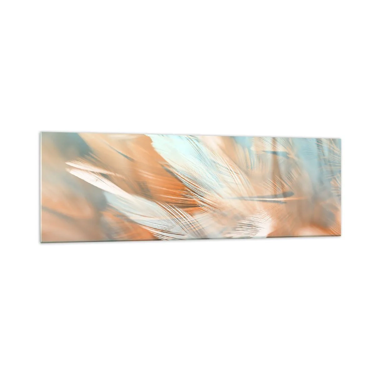 Impression sur verre - Image sur verre - Plumes délicates dans des tons pastel de bleu et d'orange - 160x50cm - Au pays de la douceur - Décoration murale moderne pour le salon et la chambre ARTTOR