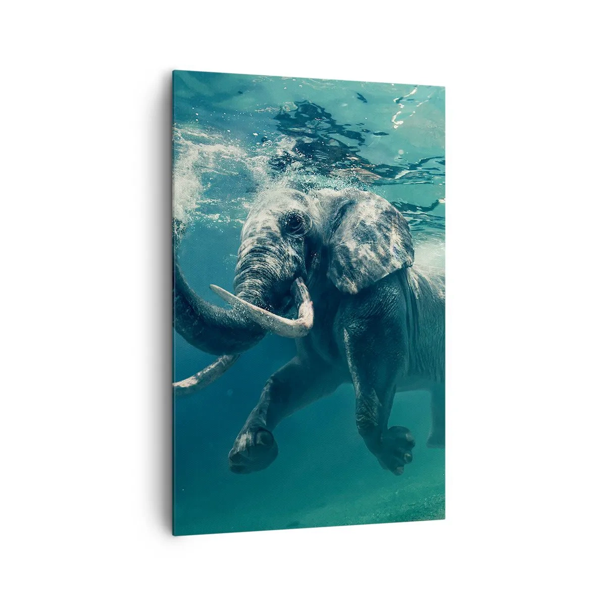 Impression sur toile - Image sur toile - Un éléphant nageant sous l'eau dans les profondeurs turquoise - 80x120cm - Tout le monde aime nager - Décoration murale moderne pour le salon et la chambre ARTTOR